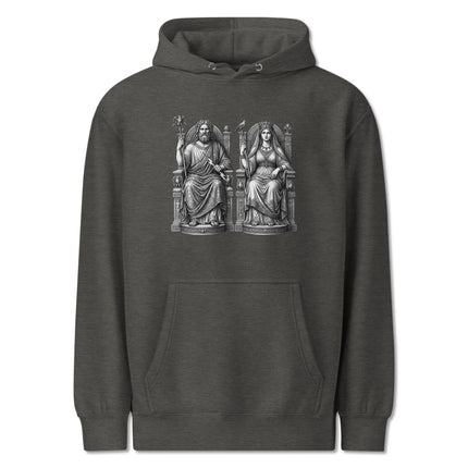 Zeus and Hera Greek mythology graphic pullover hoodie featuring king and queen design.