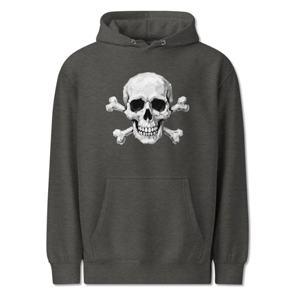 Gothic skull and crossbones design printed on a black hoodie featuring skeletal art.