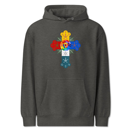 Rosy Cross sacred geometry occult art print on black pullover hoodie featuring esoteric symbols.