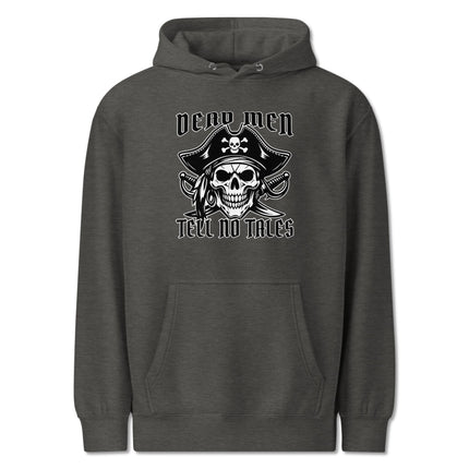 Dead Men Tell No Tales pirate skull and crossed swords graphic on a pullover hoodie.
