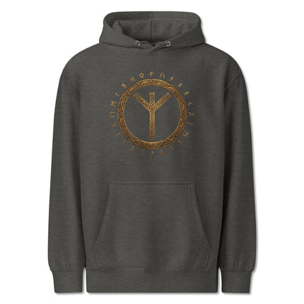 Viking Algiz rune circle pullover hoodie featuring Norse protection symbols and Elder Futhark design.
