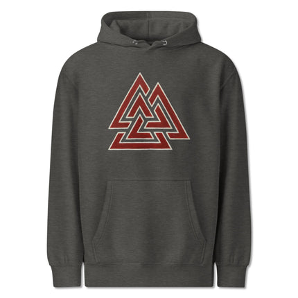 Red Valknut Viking symbol graphic printed on a black pullover hoodie.