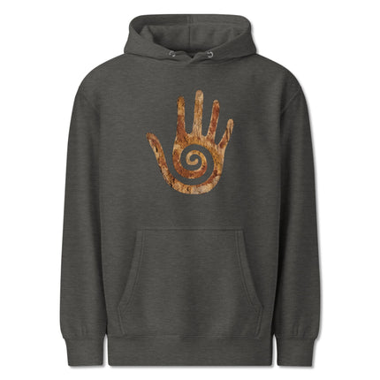 Native American style pullover hoodie featuring the Hopi Healing Hand and spiral symbols.