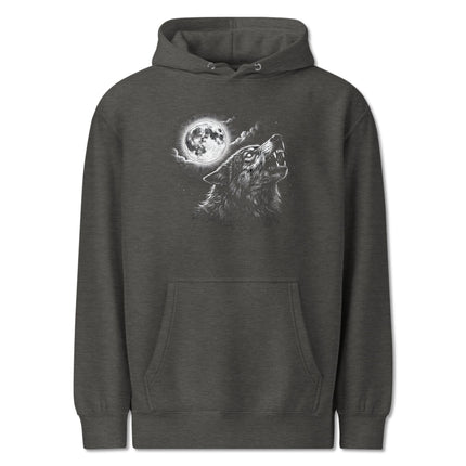 Howling wolf under full moon night sky graphic pullover hoodie design.