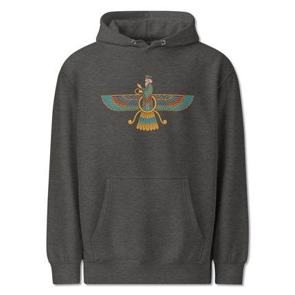 Faravahar symbol on a zoroastrian hoodie, featuring ancient Persian winged Ahura Mazda design.