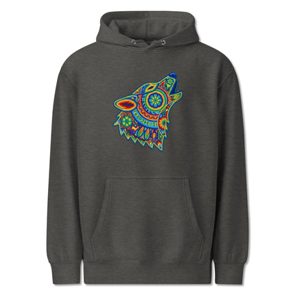 Huichol howling wolf hoodie with vibrant Mexican tribal art pullover design.