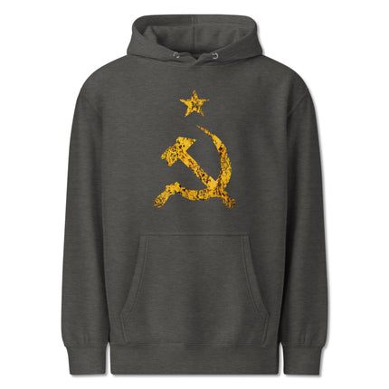 Yellow pullover hoodie featuring a distressed Hammer and Sickle communist symbol from the USSR.