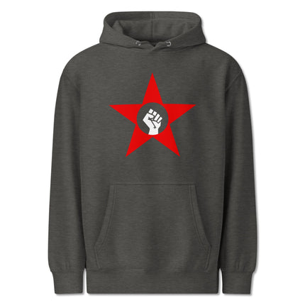 Socialist fist and red star symbol printed on a pullover hoodie for protest apparel.