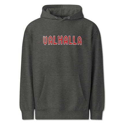 Norse mythology Valhalla graphic hoodie featuring viking text print pullover fleece.
