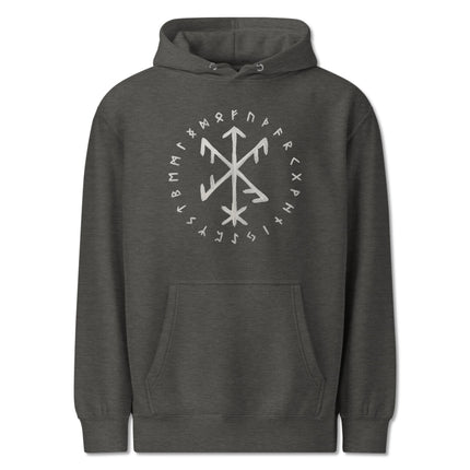 Norse Viking success bind rune symbol printed on a black pullover hoodie.