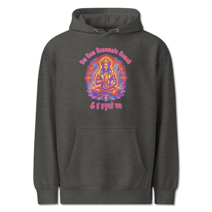 Lord Hanuman mantra hoodie featuring "Om Ham Hanumate Namah" Hindu devotional pullover design.
