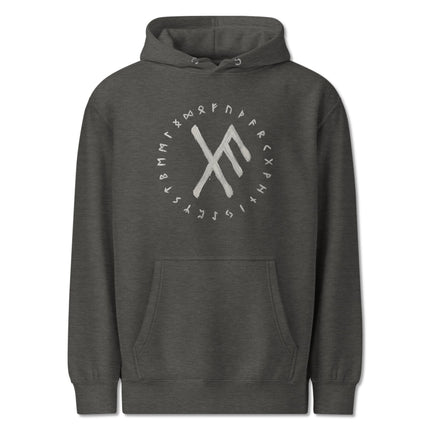 Norse rune design hoodie featuring detailed Elder Futhark symbols for Viking luck binding.