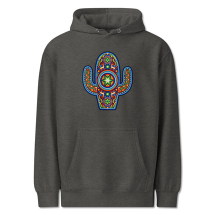 Vibrant Huichol cactus indigenous art printed on a pullover hoodie.
