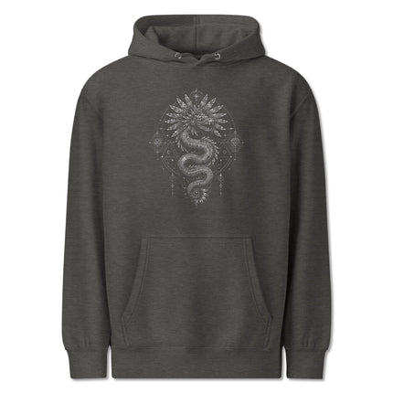 Quetzalcoatl Feathered Serpent Mandala graphic on an occult style pullover hoodie.