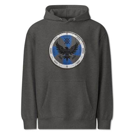 Viking raven shield hoodie featuring detailed Norse mythology warrior and pagan art.