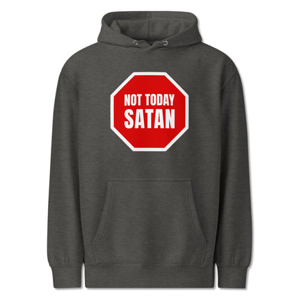 Funny anti-devil stop sign graphic hoodie featuring "Not Today Satan" text print.