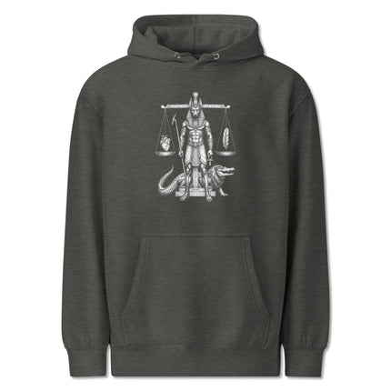 Anubis scale of justice graphic print on an Egyptian god weighing heart pullover hoodie.