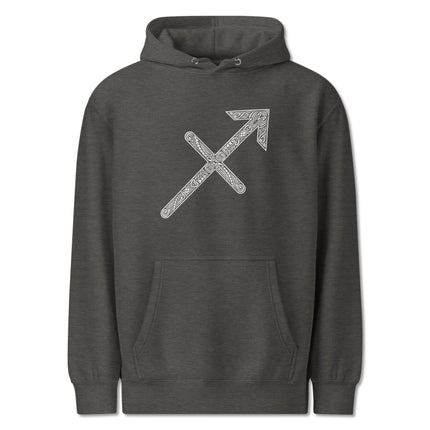 Sagittarius zodiac celtic knot design pullover hoodie featuring celestial and archer motifs.