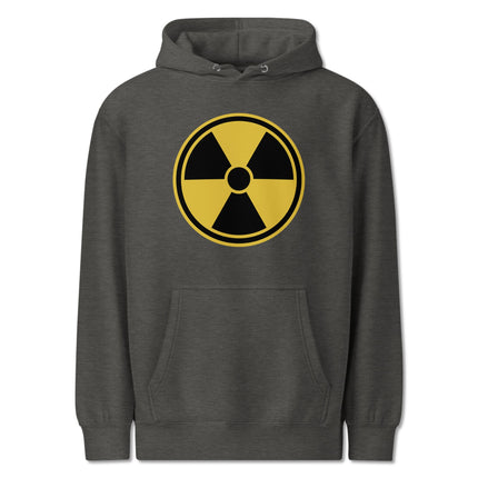 Radioactive symbol black hoodie with nuclear hazard warning print.