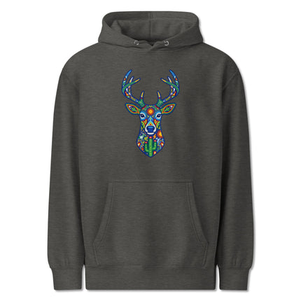 Vibrant Huichol deer folk art pullover hoodie with Mexican indigenous patterns.