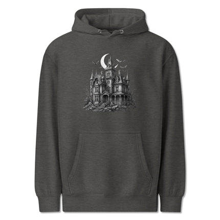 Spooky haunted mansion hoodie featuring bats flying under a gothic full moon design.