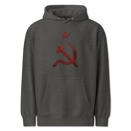 Distressed red pullover hoodie featuring the communist hammer and sickle emblem graphic.