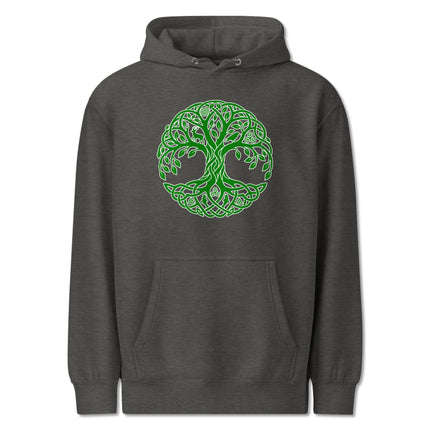Green Celtic Tree of Life knotwork graphic on a cozy Irish green fleece pullover hoodie.