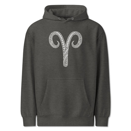Polynesian tribal Aries zodiac symbol pullover hoodie featuring astrological patterns.