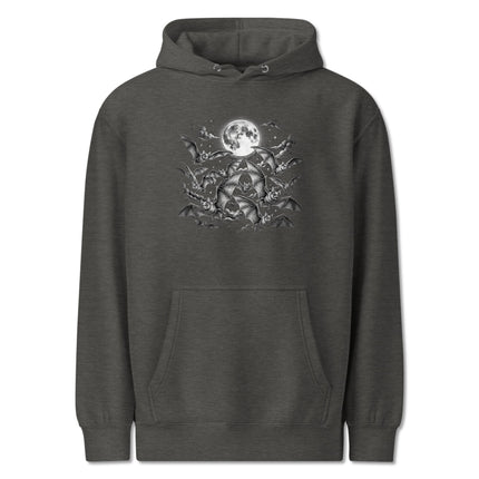 Full moon gothic hoodie featuring flying bats graphic design on a dark night sky print.