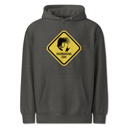 Rock On metal headbanging zone warning sign graphic pullover hoodie design.
