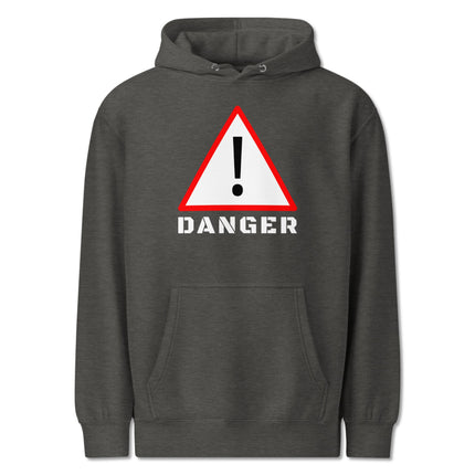 Danger warning sign graphic print on black fleece pullover hoodie with exclamation point.