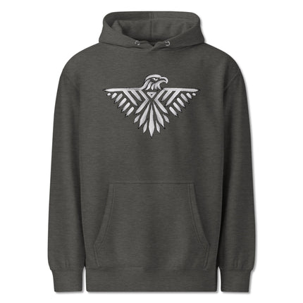Tribal thunderbird and eagle symbol graphic print on a black pullover fleece hoodie.