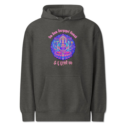 Vibrant Durga Goddess print on pullover hoodie featuring the Om Dum Durgayei Namah Hindu mantra.