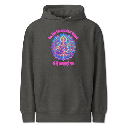 Saraswati Goddess hoodie featuring Om Aim Saraswatyai Namah Hindu mantra design.