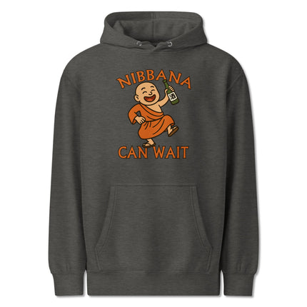 Funny baby Buddha drinking beer graphic on a pullover hoodie; Nibbana Can Wait alcohol theme.