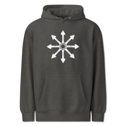 Occult magic Chaos Star symbol printed on a unisex pullover hoodie.