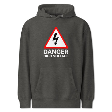 High voltage danger warning sign graphic on a black pullover hoodie.
