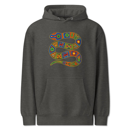 Colorful Huichol snake design pullover featuring vibrant indigenous Mexican folk art patterns.