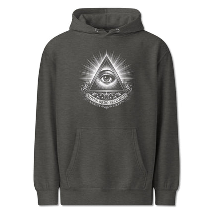 Eye of Providence All-Seeing Eye and pyramid design printed on a black pullover hoodie.