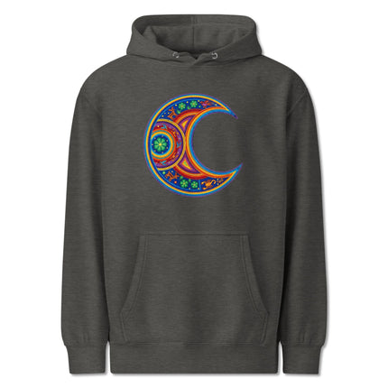 Colorful Huichol indigenous art featuring a vibrant crescent moon design printed on a pullover hoodie.