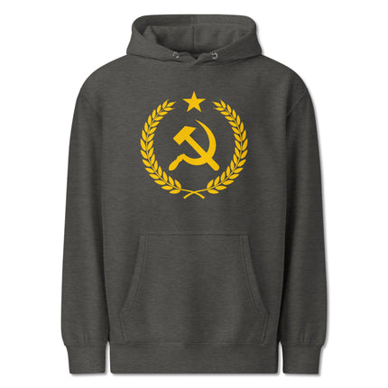Gold hammer and sickle laurel wreath hoodie pullover featuring communist socialist symbols.