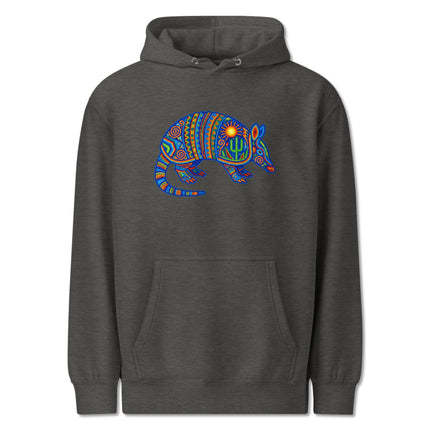 Colorful armadillo hoodie featuring vibrant Huichol Mexican folk art sun and cactus design.