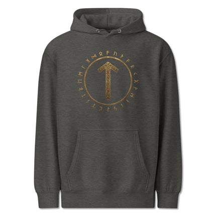 Tiwaz and Tyr runic symbol circle on a black Norse Viking mythology pullover hoodie.