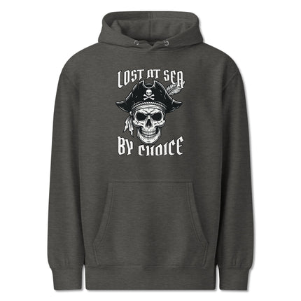 Pirate skull hoodie featuring nautical rebel design and 'Lost At Sea' lettering.