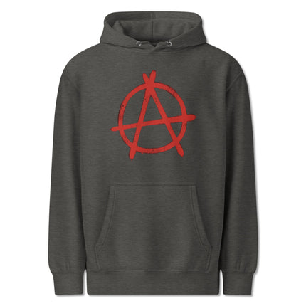 Red distressed graphic pullover hoodie featuring the Anarchy symbol on a unisex sweatshirt.