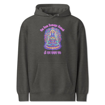 Lord Rama psychedelic hoodie featuring Om Ramaya Namah Hindu mantra design.