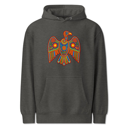 Colorful Huichol art graphic of a vulture printed on a pullover hoodie.