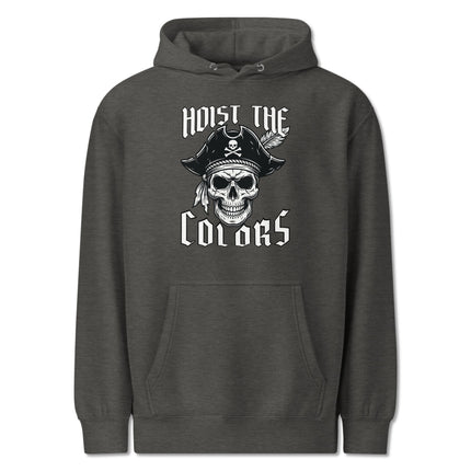 Pirate skull graphic pullover hoodie featuring a tricorn hat design and nautical "Hoist The Colors" theme.