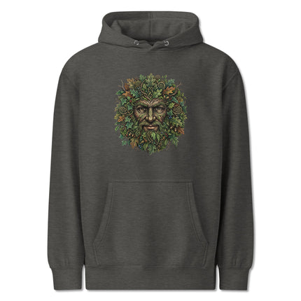 Green Man folklore design printed on a nature-themed unisex pullover hoodie.