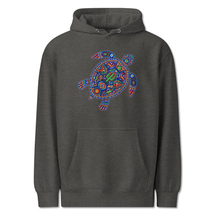 Vibrant Huichol Mexican folk art turtle graphic on a fleece pullover hoodie.